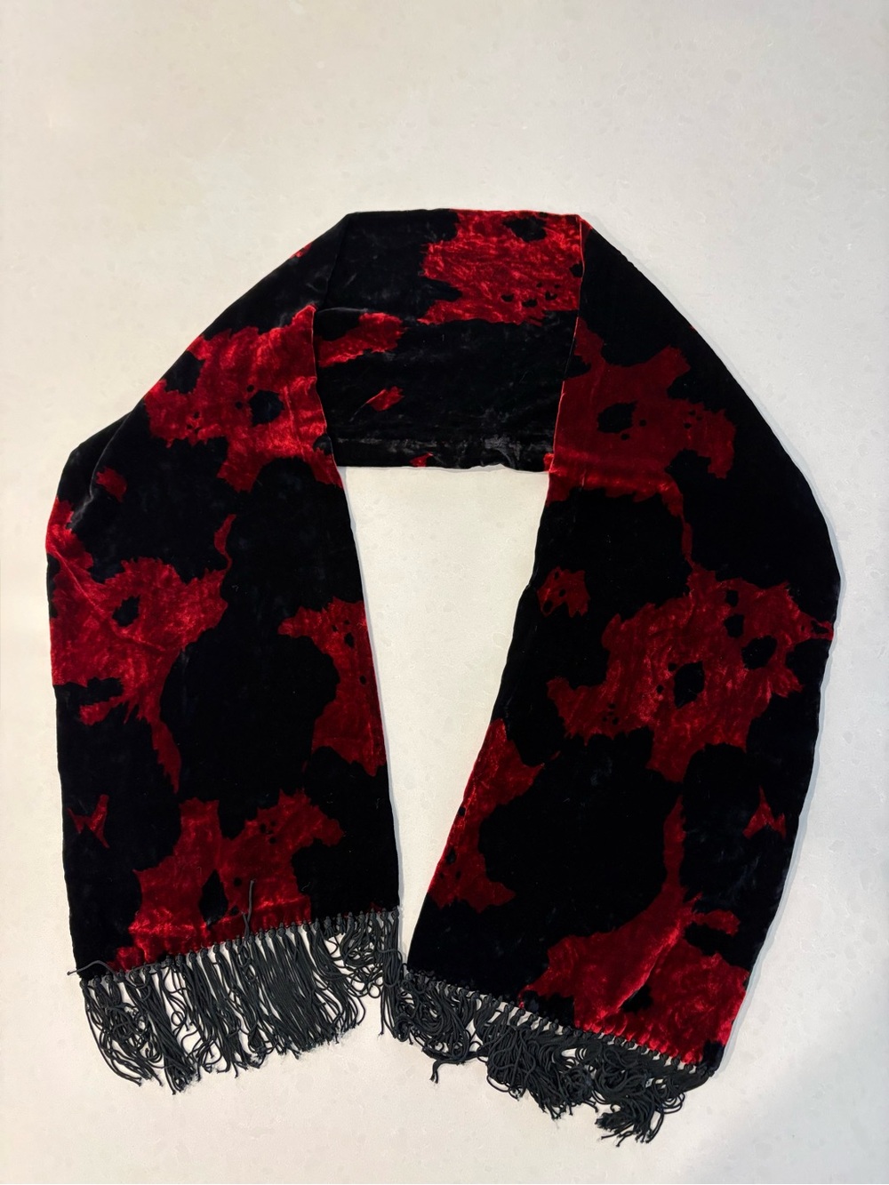 DANIER Silk Blend Velvet Scarf - Red & Black Abstract Burnout Fringe